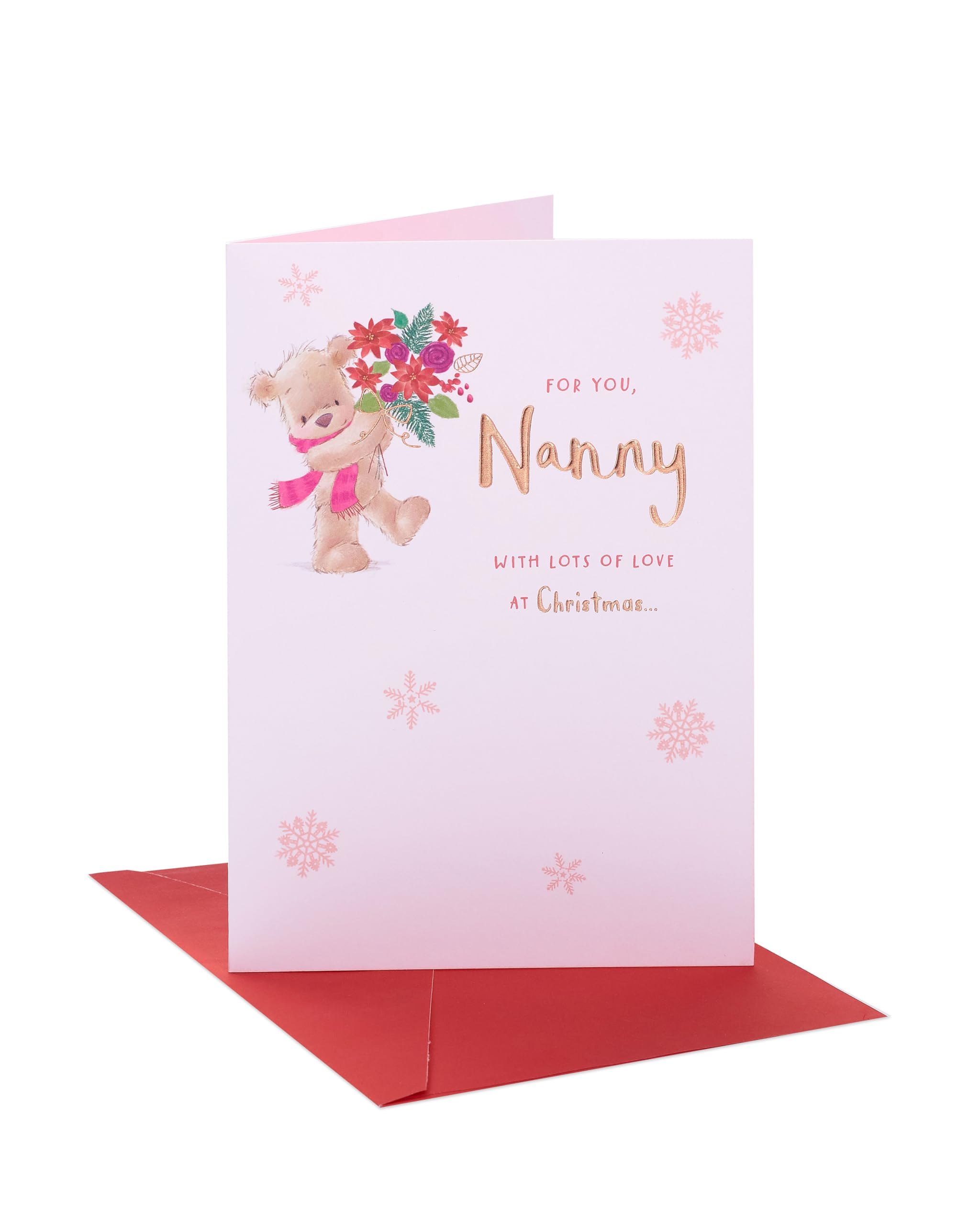 UK Greetings Christmas Card for Nanny - Teddy Holding Flowers Design