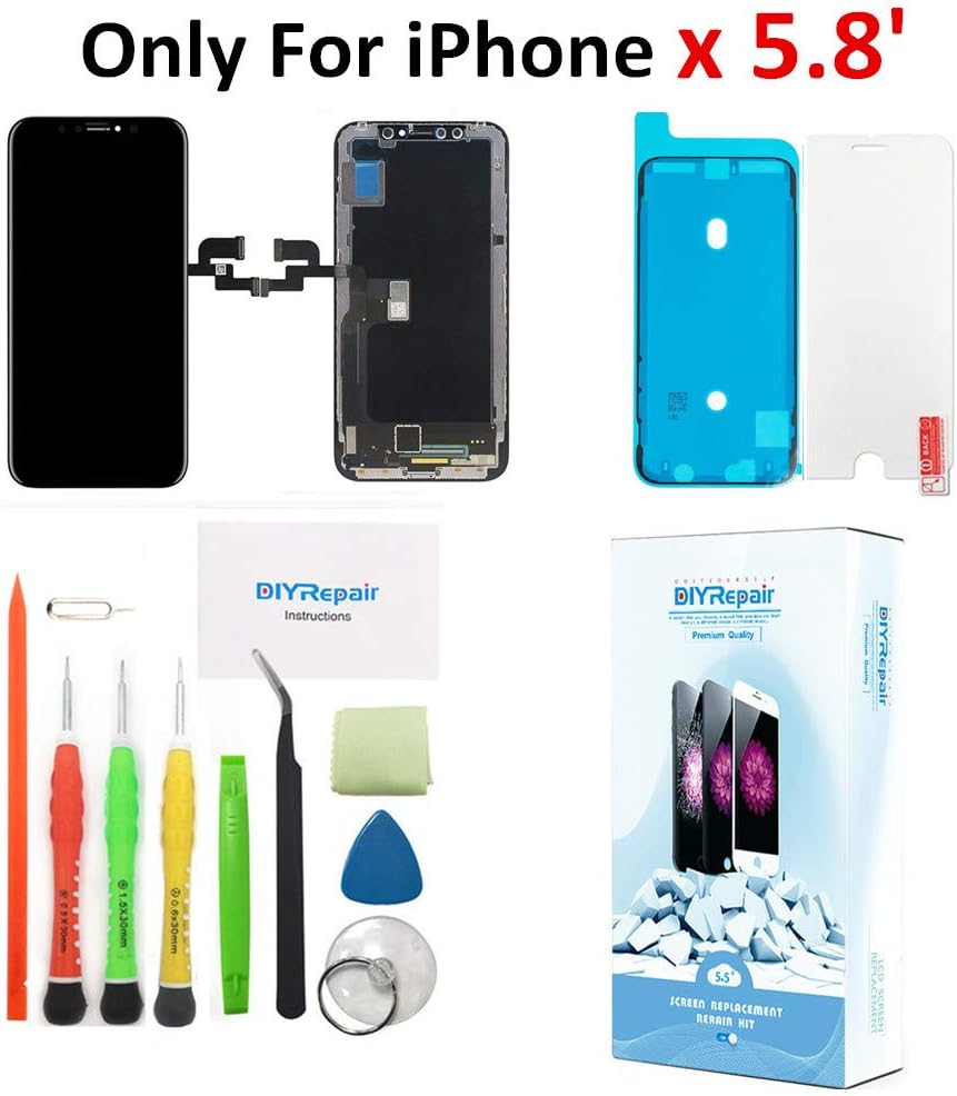 Premium Screen Replacement for iPhone X (5.8 inch) - 3D Touch Hard OLED Complete Repair kit - Digitizer Display Glass Replacement with Waterproof Adhesive, Tempered Glass, Tools, Instruction