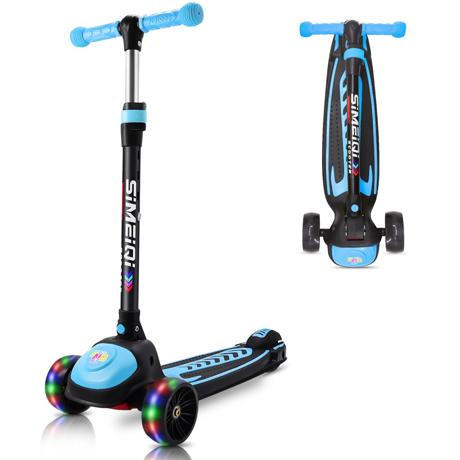 Kids Tri Scooter 3 Wheels for Kids 3-12 Years Old LED Flashing Light Adjustable Height Lean to Steer Technology Extral Wide Deck (Blue)