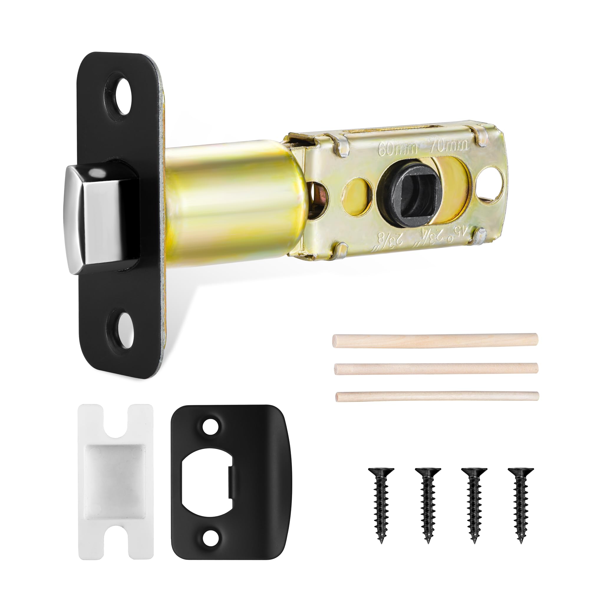 Photo 1 of Matte Black Adjustable Door Latch 60 or 70mm, 45° Turning Angle, Door Lock Replacement Parts with Door Strike Plate, Wood Dowel, Dust-Boxes