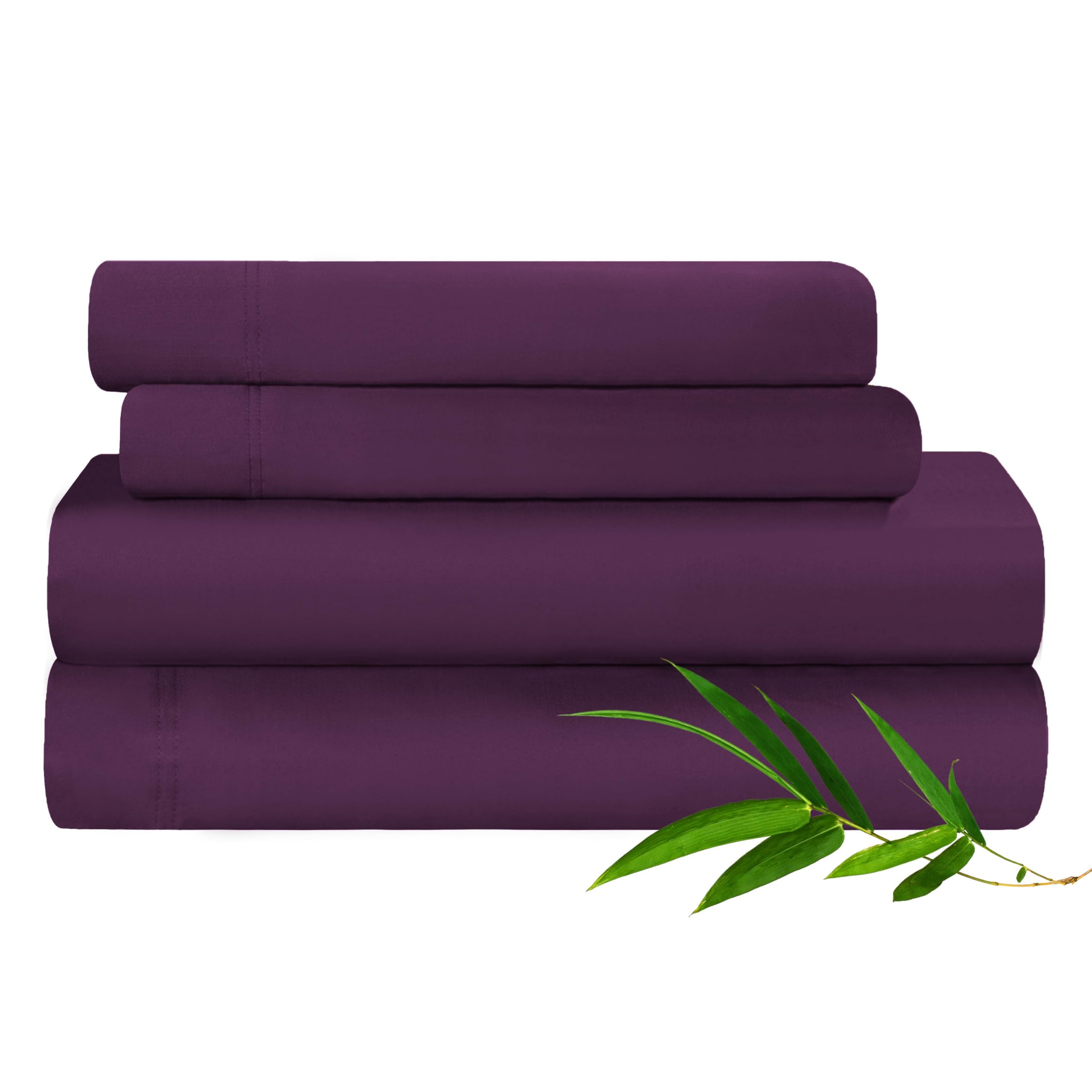 Photo 1 of *SPLIT KING*Superior Rayon from Bamboo 300 Thread Bed Sheet Set, 2 Elastic Deep Pocket Fitted Sheets, 1 Flat Sheet, 2 Pillowcases, Luxury, Soft Sheets, Sateen Weave, Bedding Essentials, Split King, Purple
