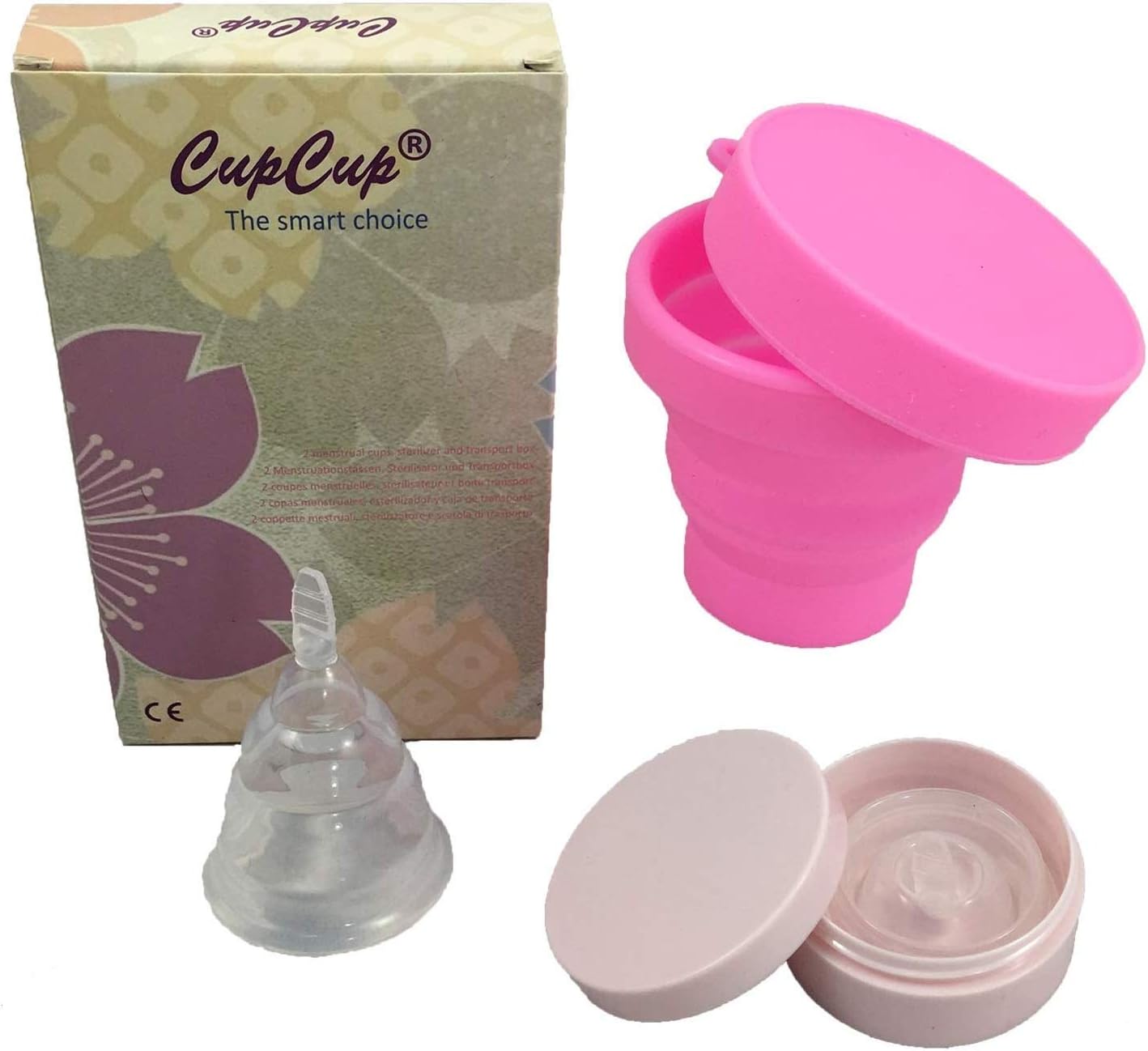Menstrual Cup (x2) Patented and CE Certified. Soft and Foldable. with Collapsible steriliser/sterilizing Cup + Travel Box. Transparent Cup Made of high Quality Hypoallergenic Medical Silicone. Size M