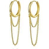 BISAER 925 Sterling Silver Post Chain Drop Earrings for Women, Gold Plated Chain Huggie Earrings Dangle Tassel