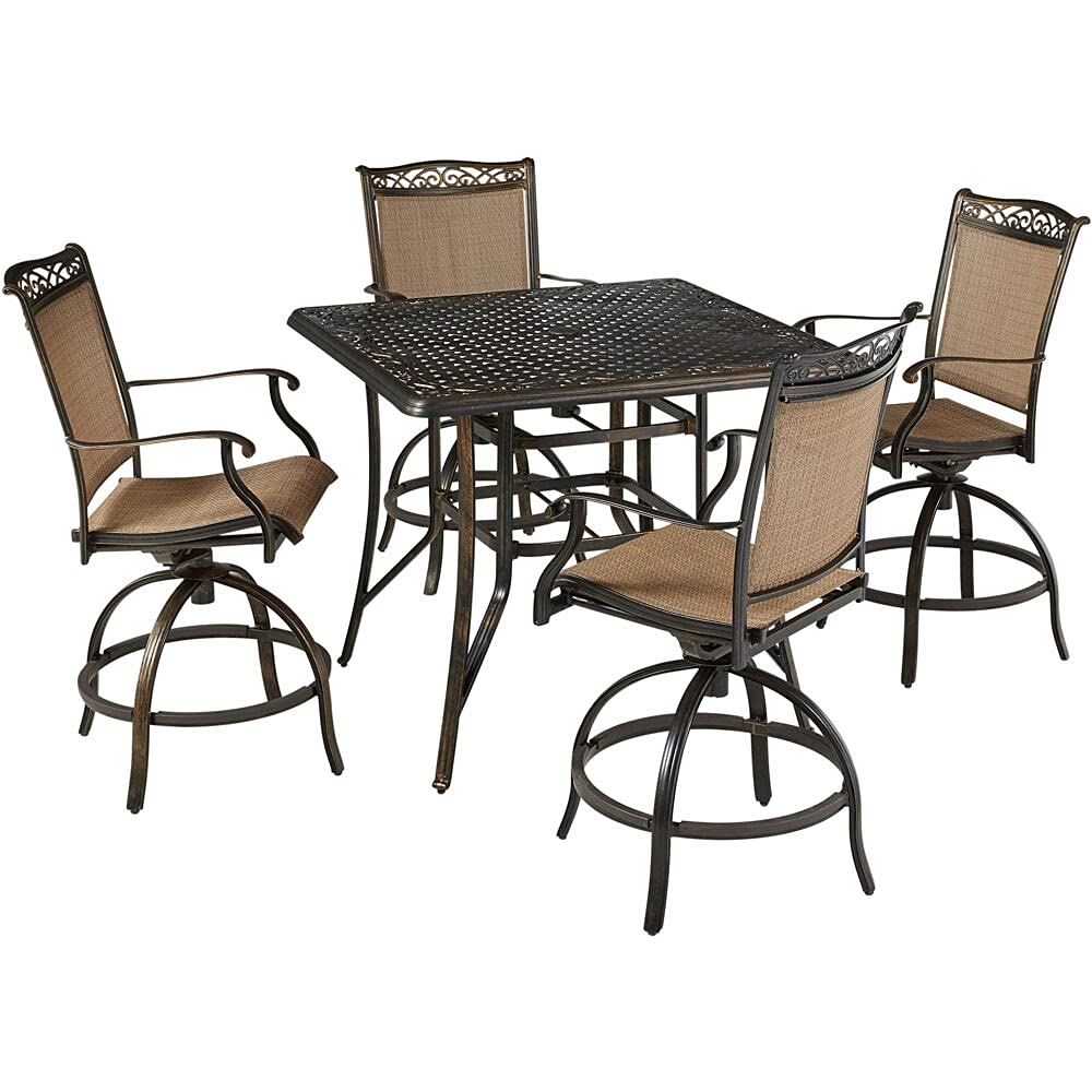 Hanover Fontana 5-Piece Outdoor High-Dining Patio Set, 4 Sling Swivel Counter-Height Chairs and 42″ Square Cast Aluminum Table, Brushed Bronze Finish, Rust-Resistant, All-Weather