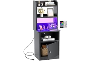 ARMOCITY Tall Nightstand with Charging Station and LED Lights - 47" Tall Bedside Table with Adjustable Bookshelf, Industrial End Table Side Table with Storage Cabinet for Home Office, Black