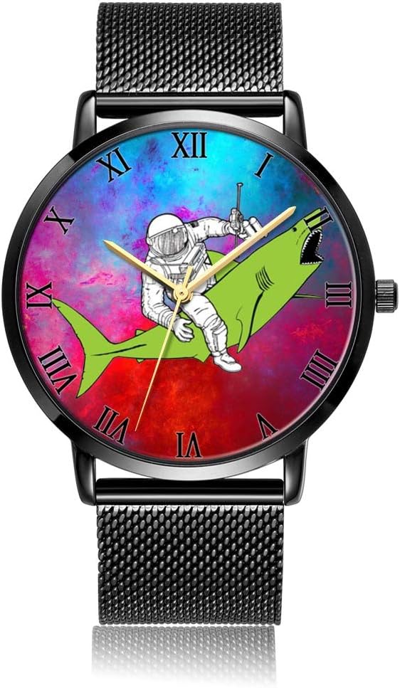 Whiterbunny Customized Astronaut Ride Shark Wrist Watch Unisex Analog Quartz Fashion Black Steel Bracelet Wristwatch for Women and Men