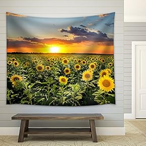 Field of Blooming Sunflowers on a Background Sunset - Fabric Wall Tapestry Home Decor - 51x60 inches