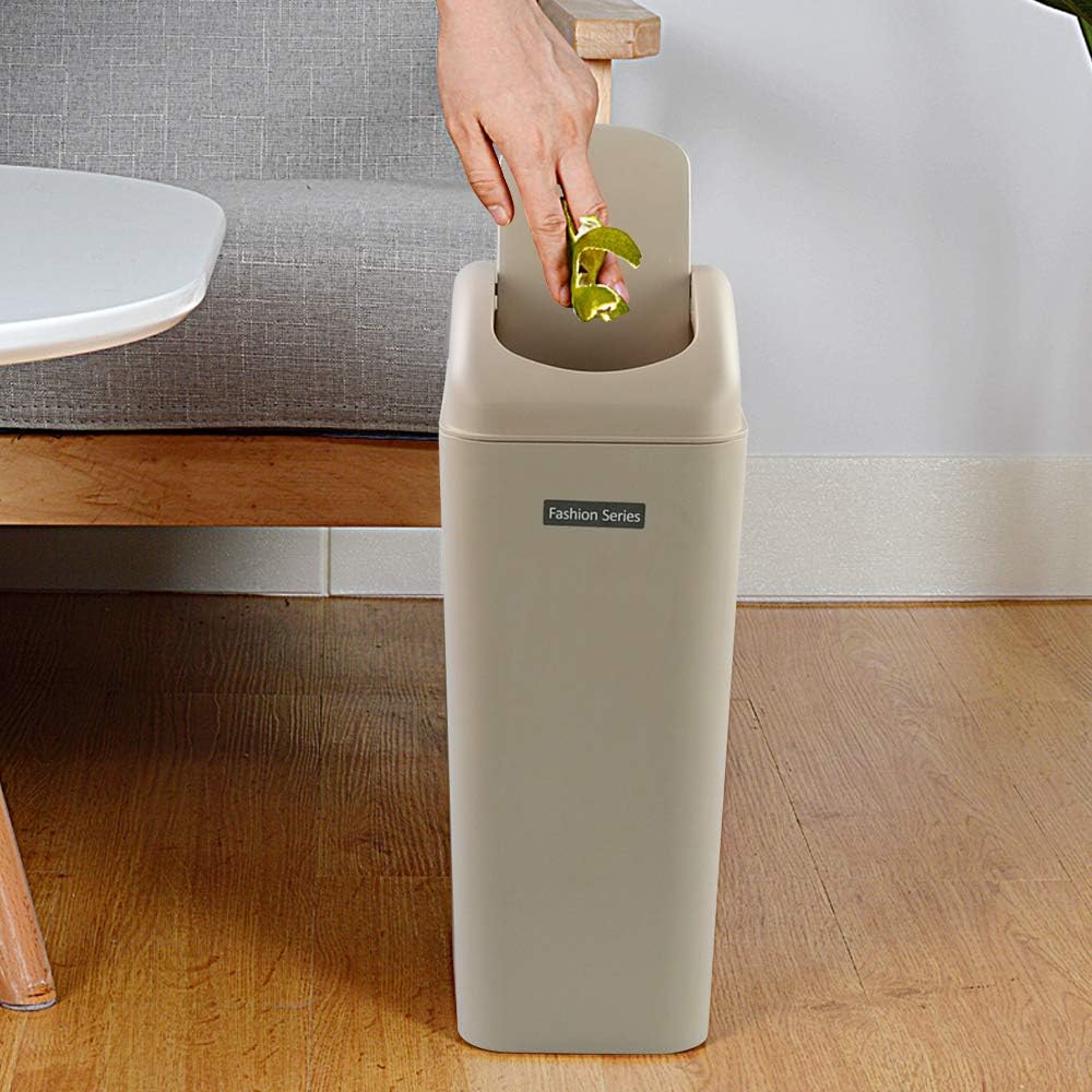 Ponpong 14 Litre Plastic Swing Trash Can Dustbin with Lid, Khaki, 1 Pack: Home & Kitchen