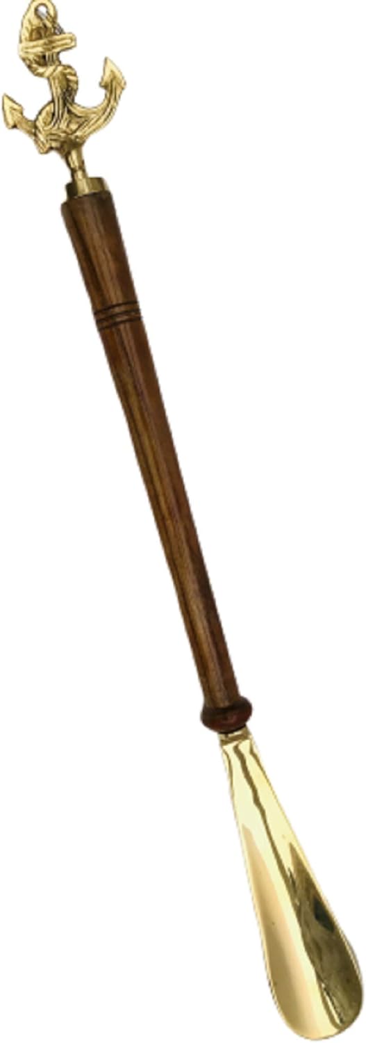 brass shoe horns long handles on Shoe Horn 20 Long Handled Nautical Anchor Design Solid Wood Brass Disablitly Shoe Aid Brass Ring Hanging Amazon Co Uk Shoes Bags