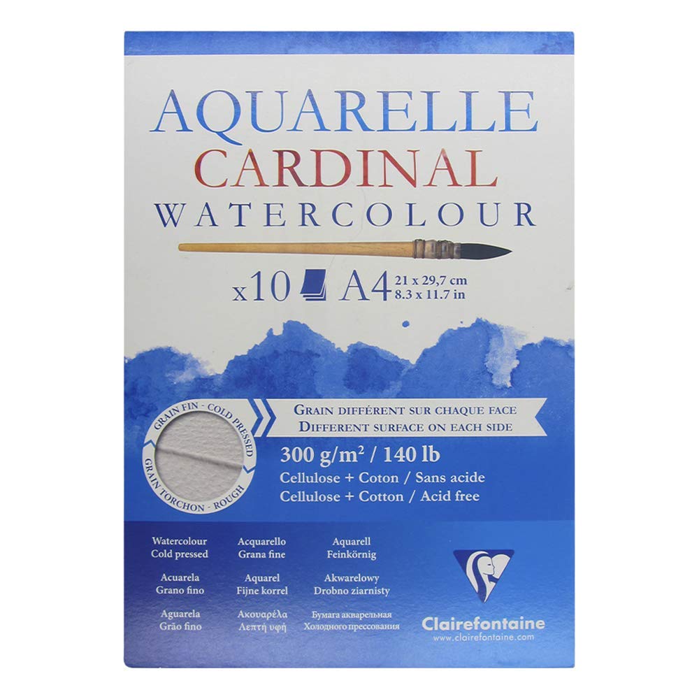 Clairefontaine - Ref 96183C - Cardinal Watercolour Glued Pad (10 Sheets) - A4 (297 x 210mm) Sized, 300gsm Paper, Acid Free, pH Neutral - Suitable for Watercolour