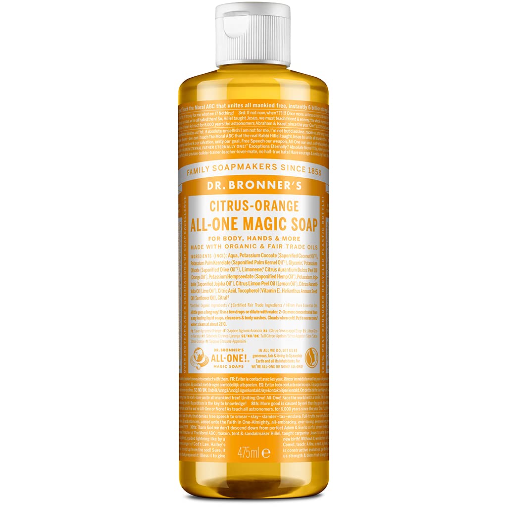 Dr Bronner's 18-in-1 Citrus Orange Pure-Castile Liquid Soap, Made with Organic Oils, Used for Face, Body, Hair, Laundry, Pets and Dishes, Certified Fair Trade & Vegan Friendly, 473ml Recycled Bottle