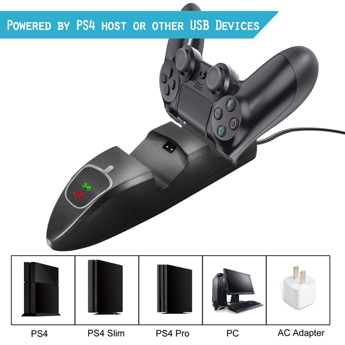 PS4 Controller Charger, Dual USB 1000mA Quick-Charging Station / 2 Charging Dock Stand Station with LED Indicator for Sony Playstation 4 / PS4 / PS4 Pro / PS4 Slim
