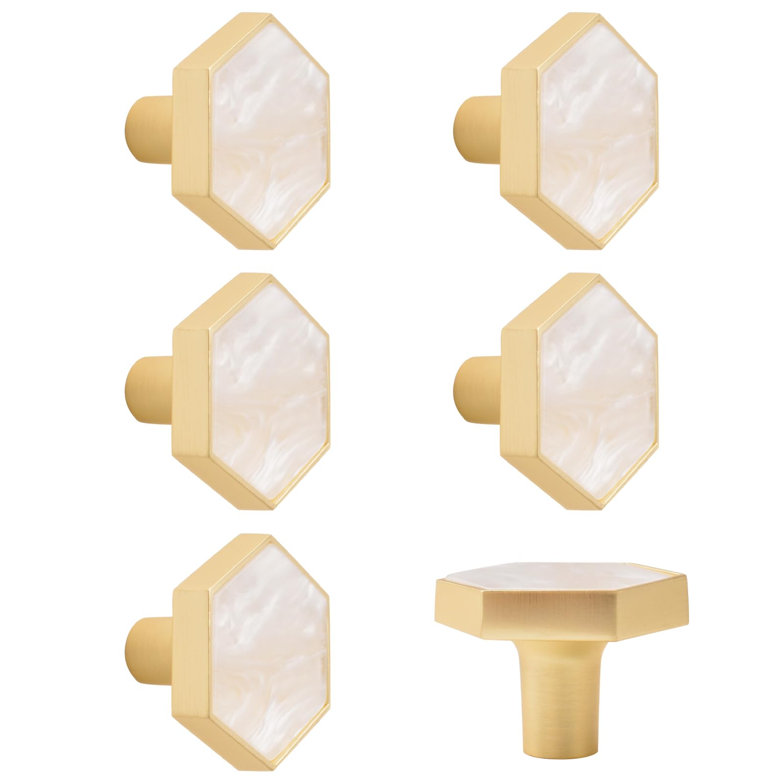 MOROBOR 6 PCS Hexagonal Gold Knobs, Creative Cabinet Drawer Pulls Multifunctional Single Hole Zinc Alloy Knobs for Dresser Wardrobe Door Furniture Accessories/Gold Base with White Surface — image 1