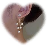 Boho Pearl Jacket Earrings for Teen Girls Crystal Stud Earrings Tassel Pearl Earrings Pearl Drop Dangle Earrings Pearl Wedding Earrings Two Ways Front Back Earrings Jewelry for Women Gifts