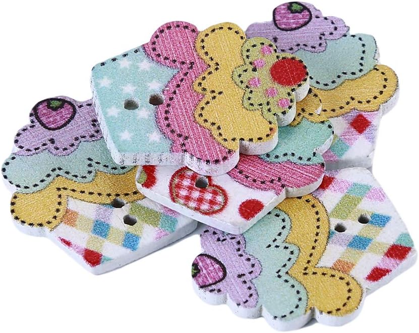 TraveT 50pcs Mini Cartoon Cupcake Wooden Buttons Mixed Color 2 Holes Sewing Crafting Scrapbooking Flatback Buttons