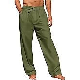 Runcati Mens Linen Cotton Casual Pants Elastic Waist Drawstring Lightweight Pants Loose Fit Summer Beach Yoga Trousers