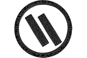 Coldinair Black Leopard Print Universal Car Steering Wheel Cover and Seat Belt Cushion Fit Most Cars,Truck SUV,3 Pieces Wild Leopard Animal Print Car Accessories Set