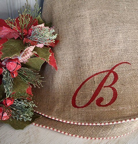 Burlap Christmas Tree Skirt with Red and White French Ticking, Large Approx. 60