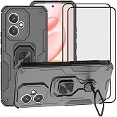 LosruGir Phone Case for Honor 400 Case, Hybrid Heavy Duty Armor Shockproof Defender Kickstand Dual Layer Bumper Hard Back Case Cover with Tempered Glass Screen Protector，Black