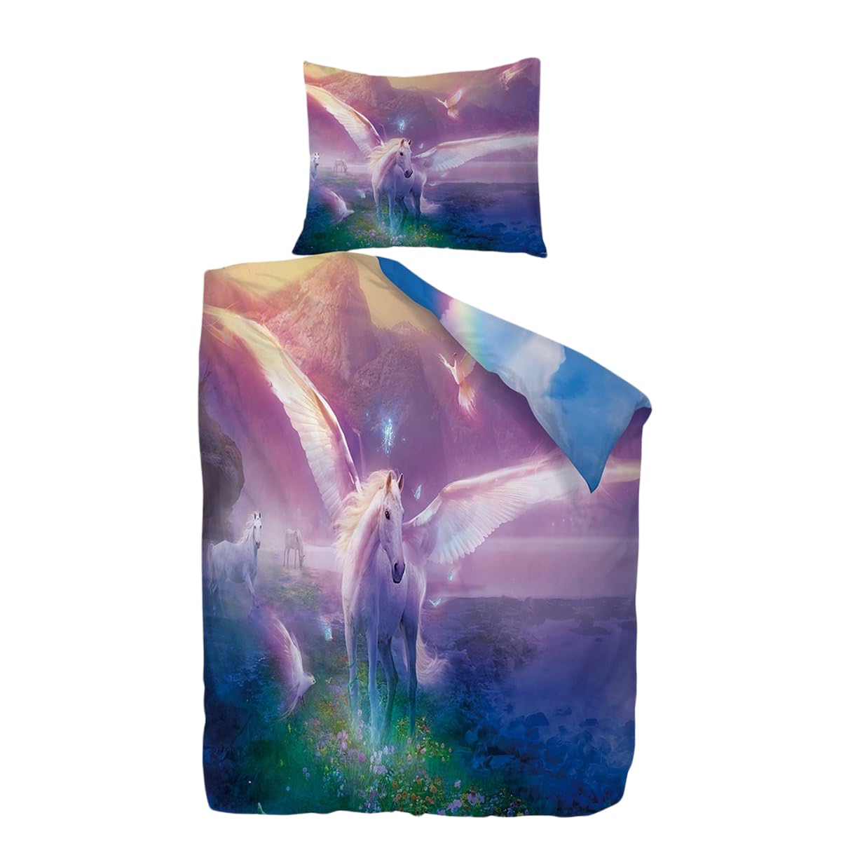 Ulticool Duvet Cover – Unicorn Horse Rainbow – 140 x 200 cm – Pillowcase 60 x 70 cm – for 1 Person Room – for Kids Boys Girls – Pink Blue