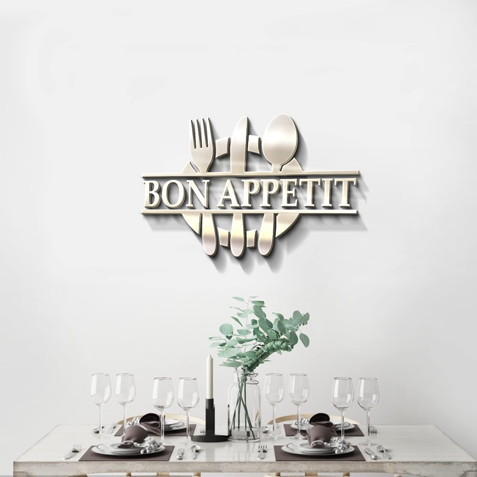 GLOBLELAND Bon Appetit Mirror Acrylic Wall Stickers Kitchen Dining 3D Wall Decals Sticker Acrylic Mural Decor Stickers for Restaurant Kitchen Dinning Home Decor