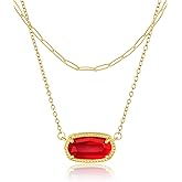 Lourny Gemstone Crystal Pendant Layered Necklace for Women Trendy, 18K Gold Plated Paperclip Chain Charm Necklaces Women Wife Jewelry