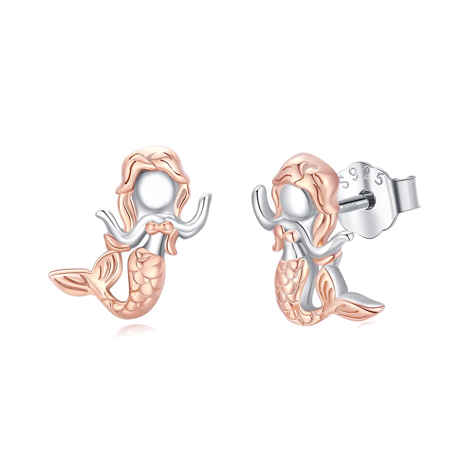 Mermaid Earrings 925 Sterling Silver Rose Gold Mermaid Stud Earrings Little Mermaid Jewellery Birthday Gift for Women Girls Kids 10 mm
