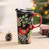 Coffee Mug with Lid, 17oz Ceramic Mugs, Porcelain Tea & Latte Cups for Home & Office, Dishwasher Safe-Cardinal Bird