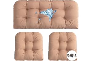 LFNOONE Outdoor Wicker Patio Furniture Cushions 3 Piece Set Waterproof Settee Cushion All-Weather Durable Fluffy Chair Pads with Ties Loveseat Chair,1 bench cushion 43”x20”&2 U-Chair Pads 19”x19”& Khaki