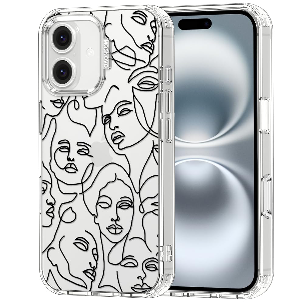 MOSNOVO Case for iPhone 16, [Buffertech 6.6ft Military-Grade Drop Protection] [Anti Peel Off Tech] Clear TPU Bumper Phone Case Cover Design - Abstract Face Line Art