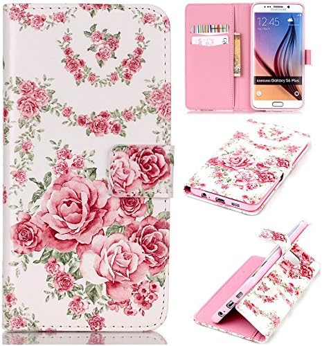 Ziotechnology Samsung Galaxy S6 Edge Plus Wallet Case,Flip Magnetic Closure Stand Function Soft Silicone Bumper Premium PU Leather Protective Wallet Cover Skin Shell-Pink Rose Flowers