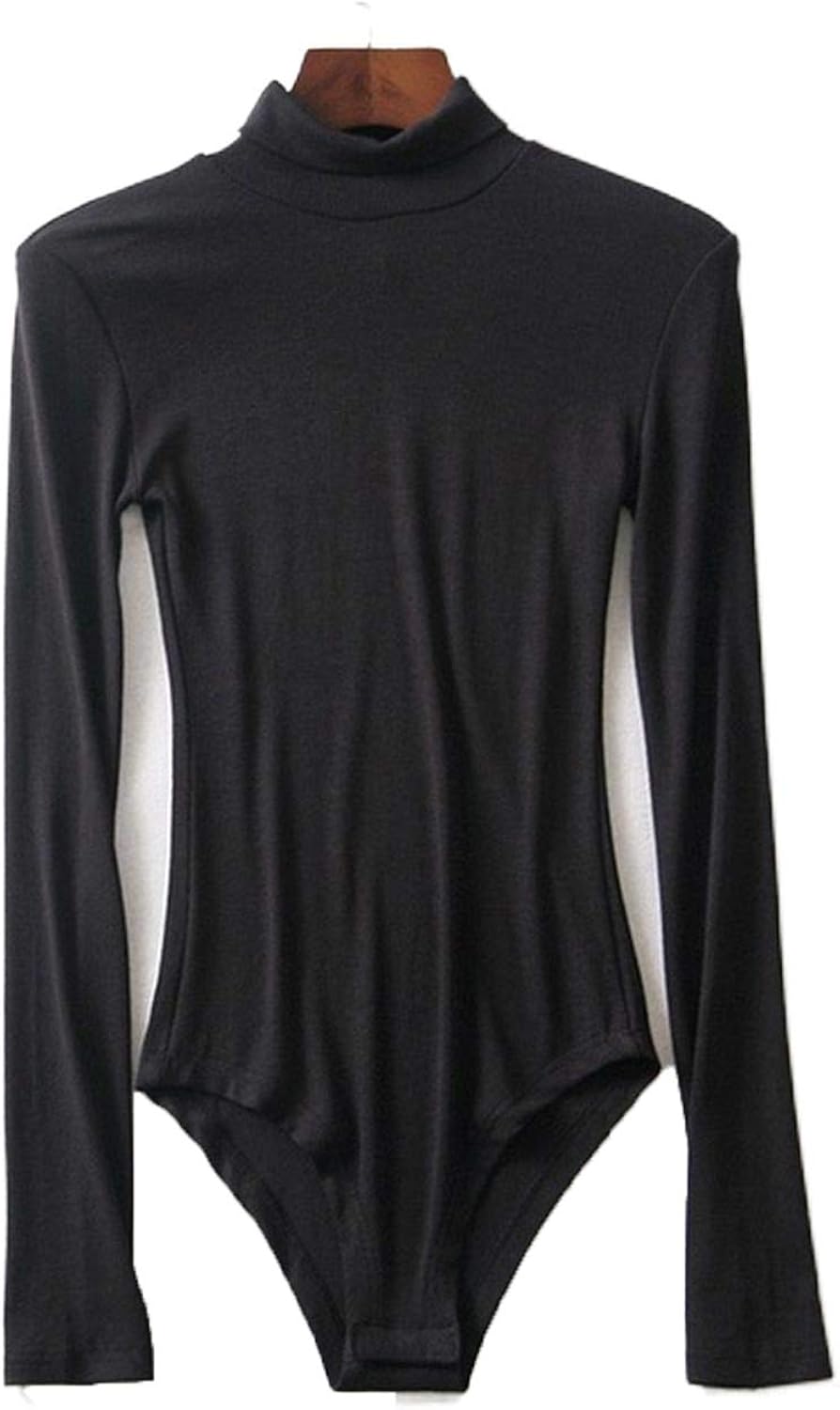 Bodysuits Women High Neck Rib Bodysuit With Long SleeveBlackM