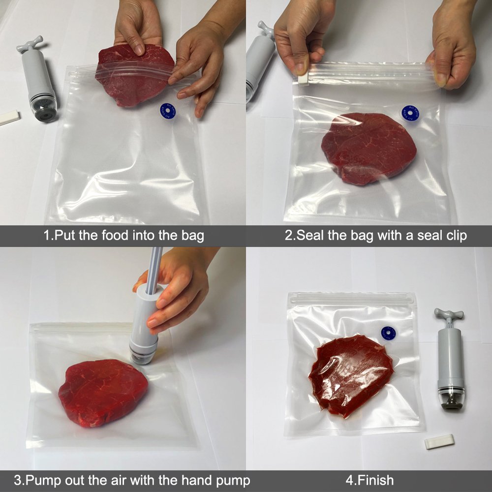 Sous Vide Bags Kit for Cooker - 19 BPA Free Food Vacuum Sealed Bags, 1 Hand Pump, 2 Bag Sealing Clips and 2 Sous Vide Clips, Reusable & Easy to Use, Practical for Food Storage & Cooking