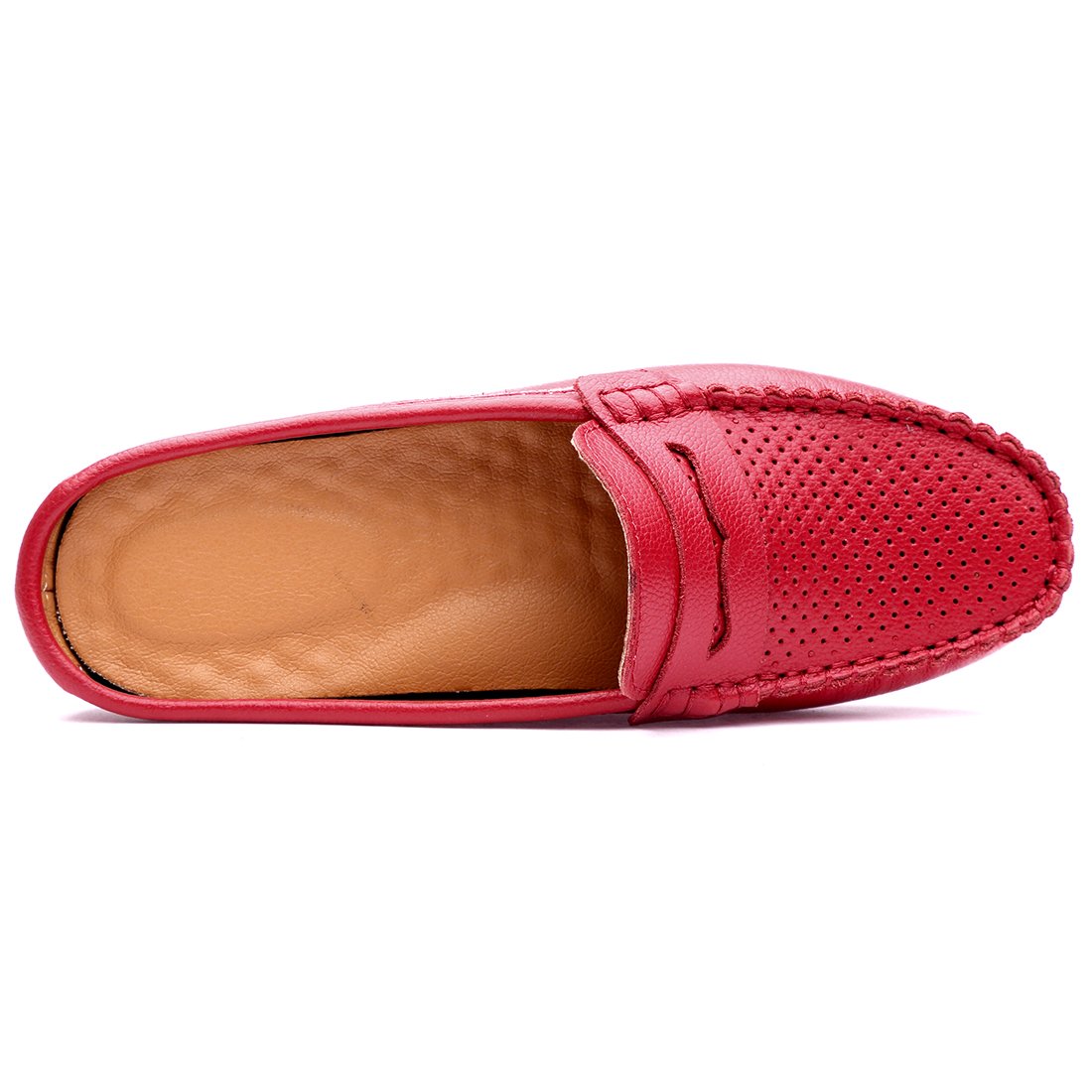 SUNROLAN 20133hong40 Women\'s Leather Casual Summer Breathable Slip-On Backless Slipper Mule Loafer Flats Shoes Hollow Out Red