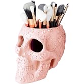 Skull Makeup Brush Holder, Pen Holder, Vanity, Desk, Office Organizer, Stationary, Decor Planter, Candy Bowl, Goth Decorations, Extra Large, Skulls Gothic Skull & Bones Organizer Bathroom (Cloud Pink)