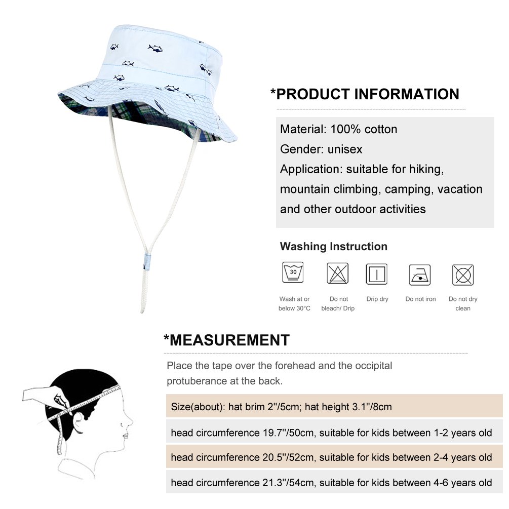 VBIGER Kids Cotton Bucket Hat Reversible Sun Hat Foldable Beach Cap With Adjustable Chin Strap,Aged 1-6