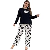 winkbay Women's Plus Size Cow Print Pajama Set Cute Crew Neck Long Sleeve T Shirt and Pants Loungewear