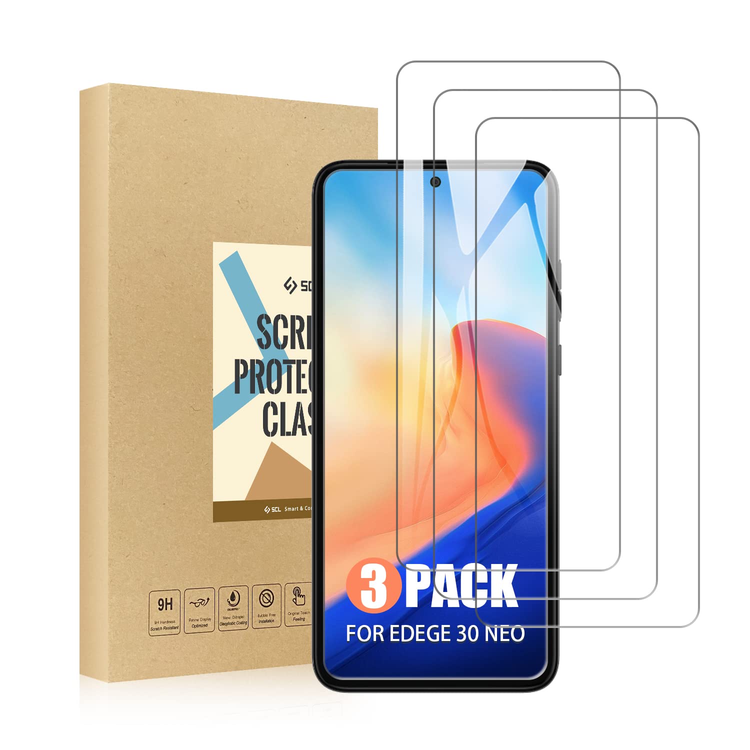 SCL Screen Protector Compatible with Motorola Edge 40 Neo Screen Protector Moto Edge 40 Neo Tempered Glass Film [3-Pack], Anti-Scratch, Less-Fingerprint, Case Friendly, 9H