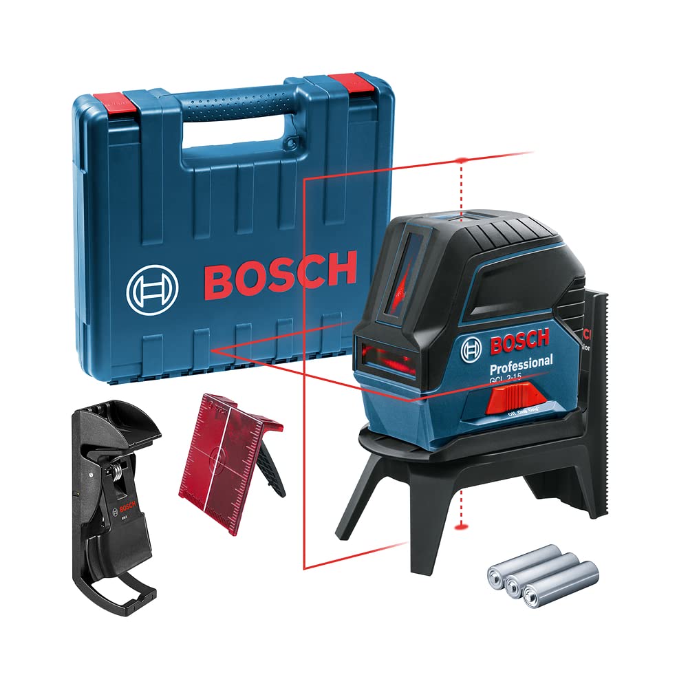 Bosch Professional Cross line Laser GCL 2-15 (red Laser, Interior, with Plumb Points, Working Range: 15 m, 3 x AA Batteries, RM 1 Rotating Mount, Laser Target Plate, Protective Bag, Carrying case)
