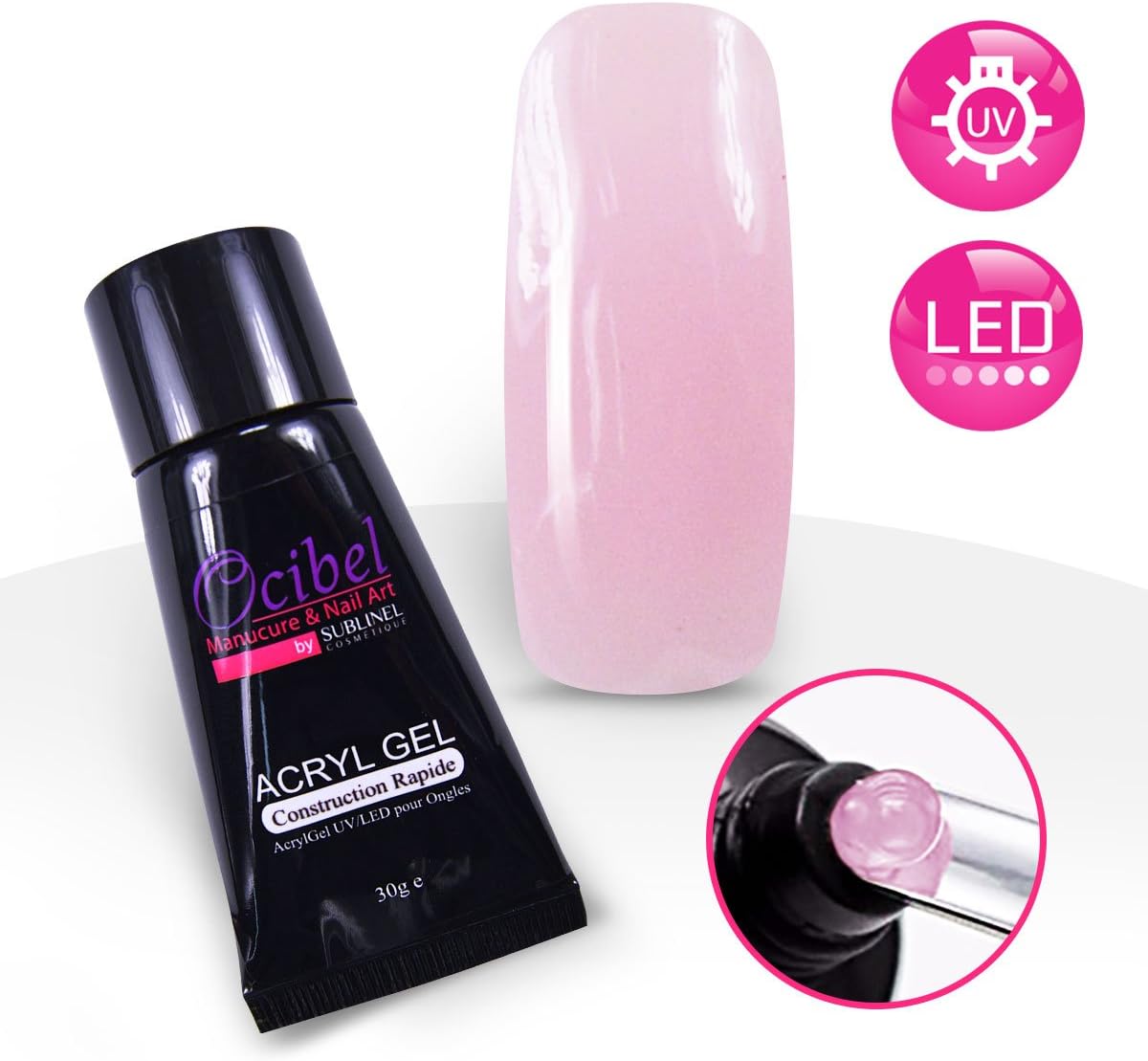 Ocibel UV/LED AcrylGel, 30 g Tube, Pink, for Manicures, False Nails and Nail Art