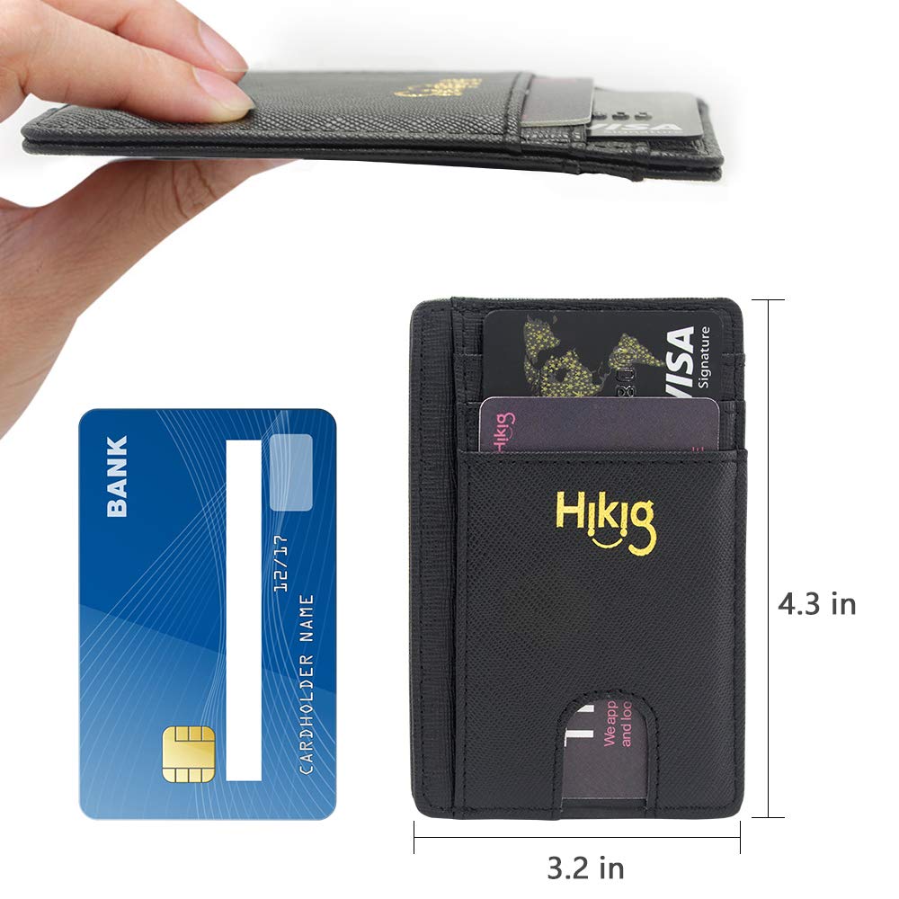 Slim Minimalist Leather Wallet RFID Blocking Money Clip Front Pocket Credit Card Holder Men Women Mini Wallet (Black)