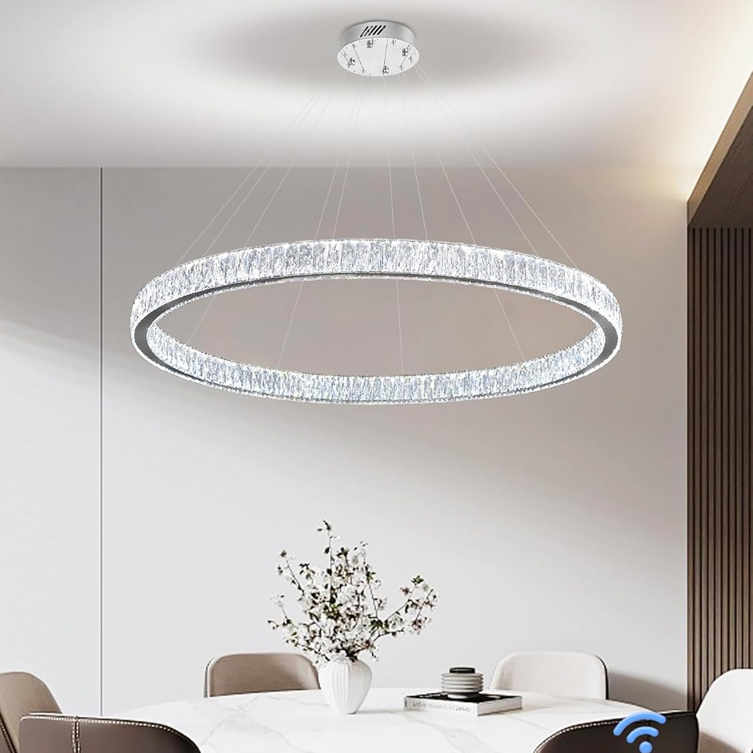 IDEQUY Modern LED Dimmable Crystal Chandelier 47.5" Ring Pendant Light ...