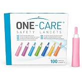 ONE-CARE Safety Lancets, 30G x 1.5mm, Pressure-Activated, 100 Count | Hygienically Sealed, Fingerstick Glucose Testing, Preloaded &amp; Ready-To-Use, Retractable, Compact Size