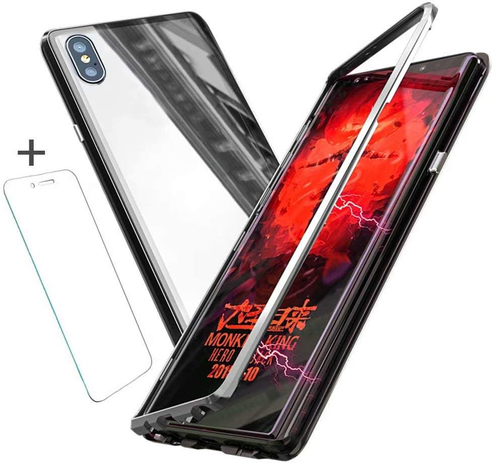 MiniGreen iPhone XS Max Full Body Protective Case with Magnetic Adsorption Aluminum Alloy Frame Clear Tempered Glass Panel Cover for iPhone XS Max 6.5 inch-Silver+Tempered Glass Screen Protector