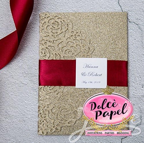 25 Gorgeous Gold Glitter Laser Cut Wrap Intricate Lace Pocket Elegant Invitations Set
