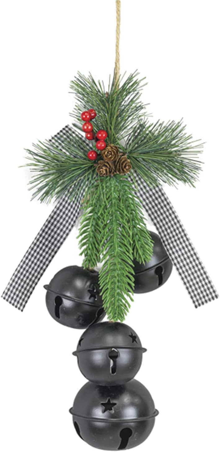 Bows & Ribbons - One Holiday Way 14-Inch Christmas Black Sleigh Bell Front Door Hanger Decoration with Plaid Ribbon, Faux Pine and Berry – Rustic Hanging Indoor Outdoor Decorative Xmas Country Farmhouse Home Decor