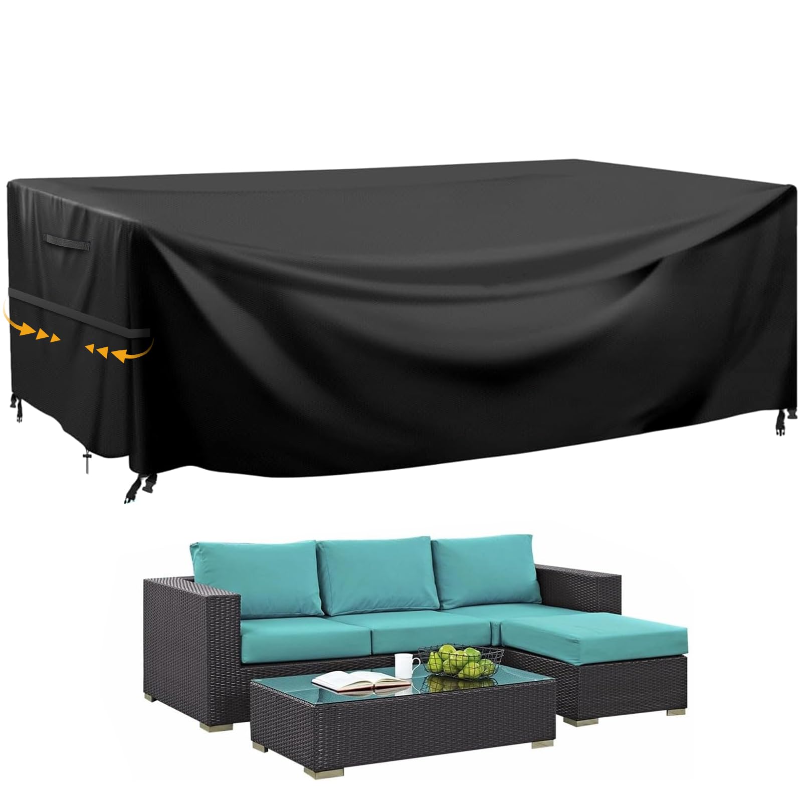 Garden Furniture Covers Waterproof, 200x165x80cm Oxford Fabric Outdoor Sofa Cover Windproof Sunproof with Handle Strap Drawstring Buckle for Garden Sofa, Table and Chair Set (Black, Rectangular)