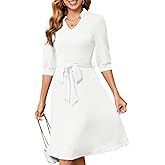 PerZeal Casual Dress for Women 3/4 Sleeves V Neck Ribbed Knit Dress Business Work Midi Dress with Belt