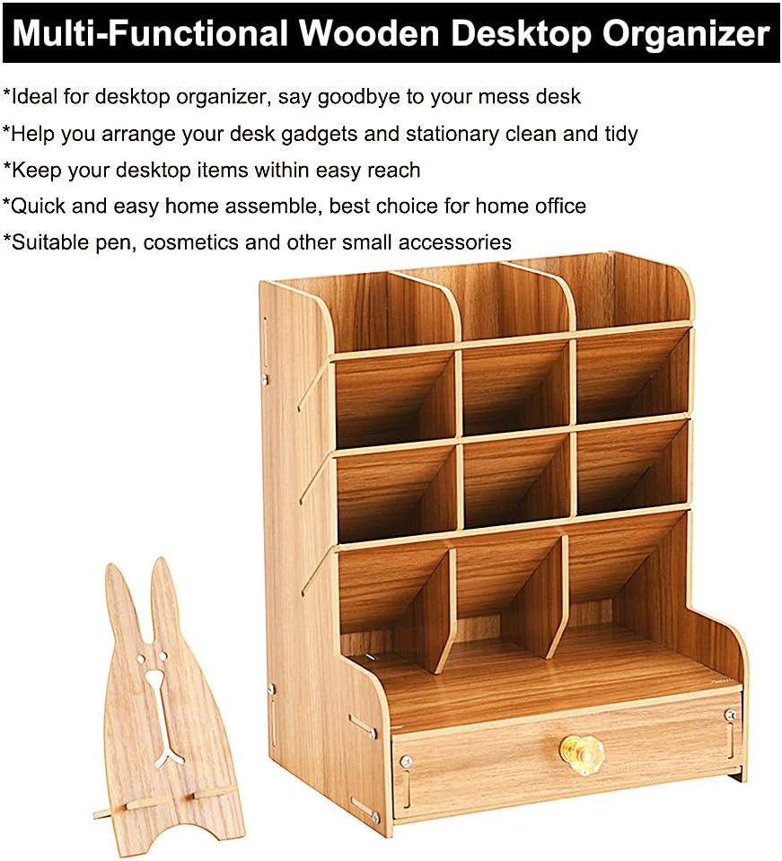 Marbrasse Wooden Desk Organizer, Multi-Functional DIY Pen Holder Box, Desktop Stationary, Easy Assembly, Home Office Supply Storage Rack with Drawer (B11-Cherry Color) : Office Products
