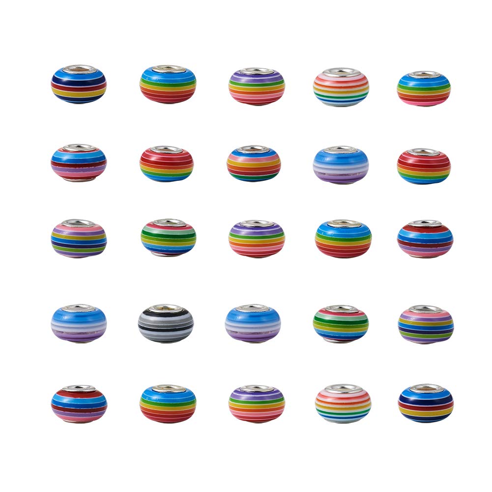 PandaHall 100pcs Large Hole Resin European Beads 14x8~8.5mm Colorful Stripe Rondelle Spacer Loose Beads with Silver Color Core Fit European Snake Chain Charm Bracelets